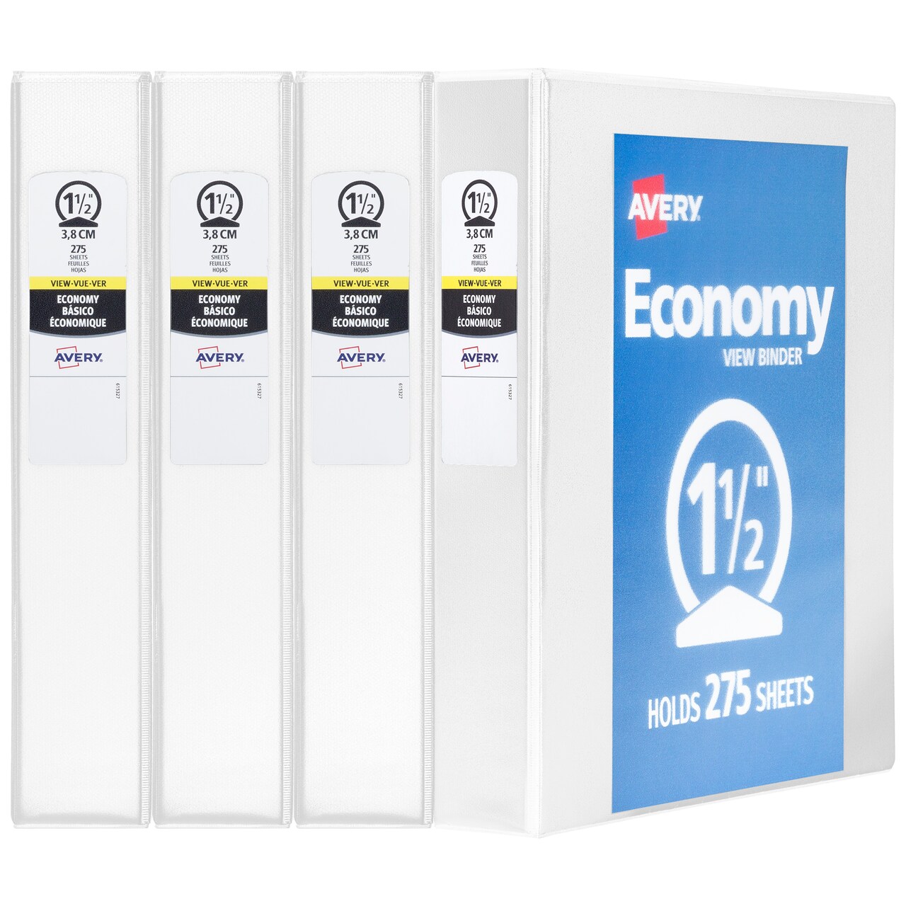 Avery Economy View 3 Ring Binders, 1.5" Round Rings, 4 White Binders (19201)